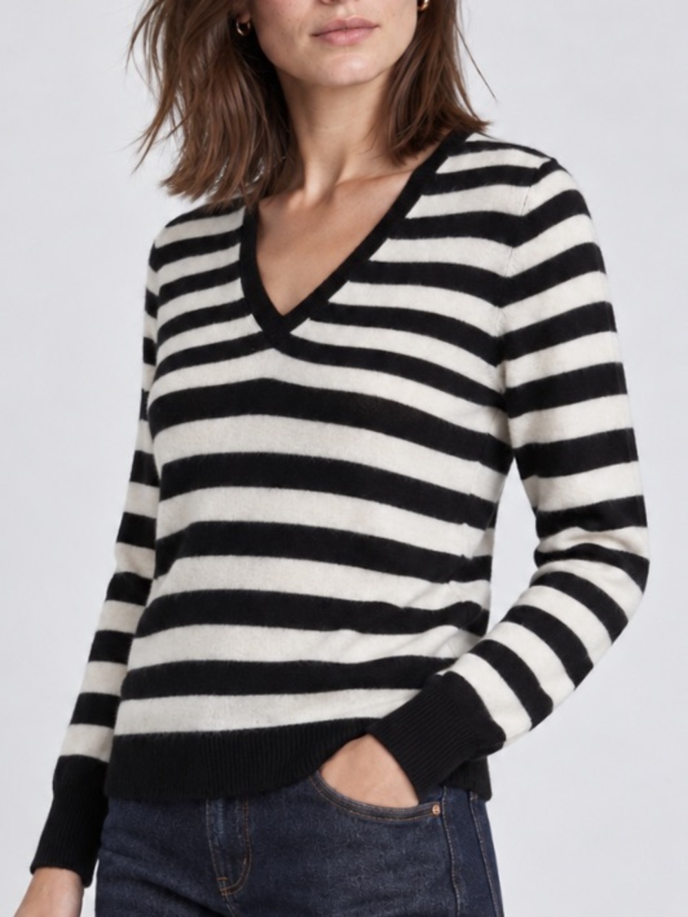 Theory Brushed Cashmere V Neck Slim Fit Sweater in Black and White Stripes
